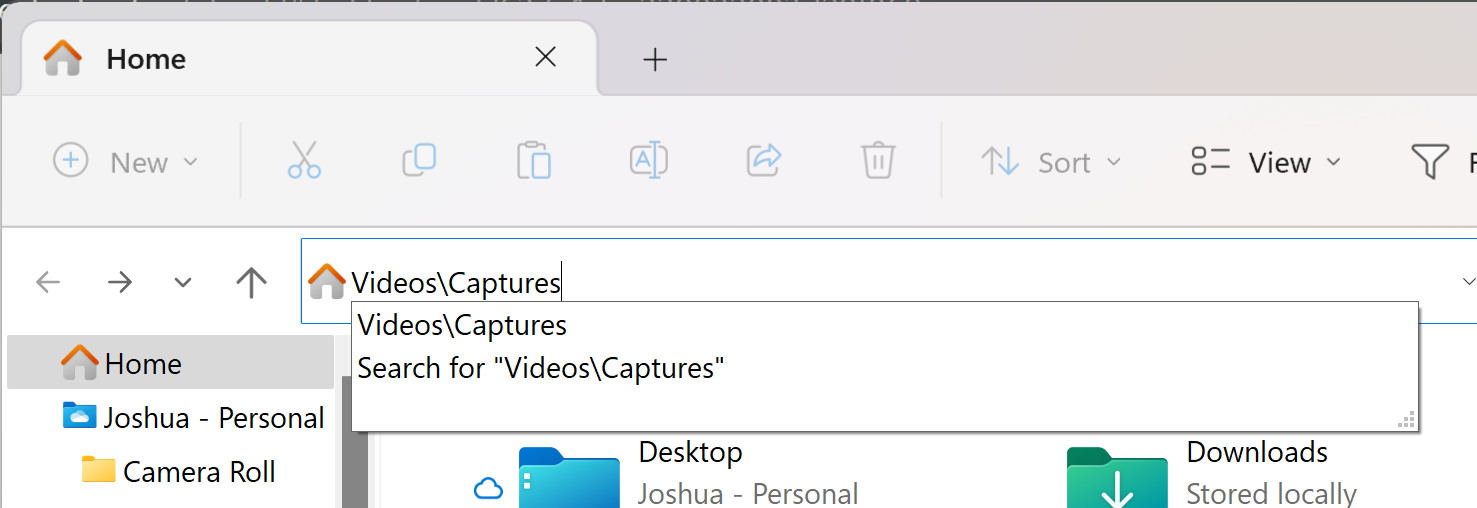 Windows File Explorer, with the default recording path in the address bar.