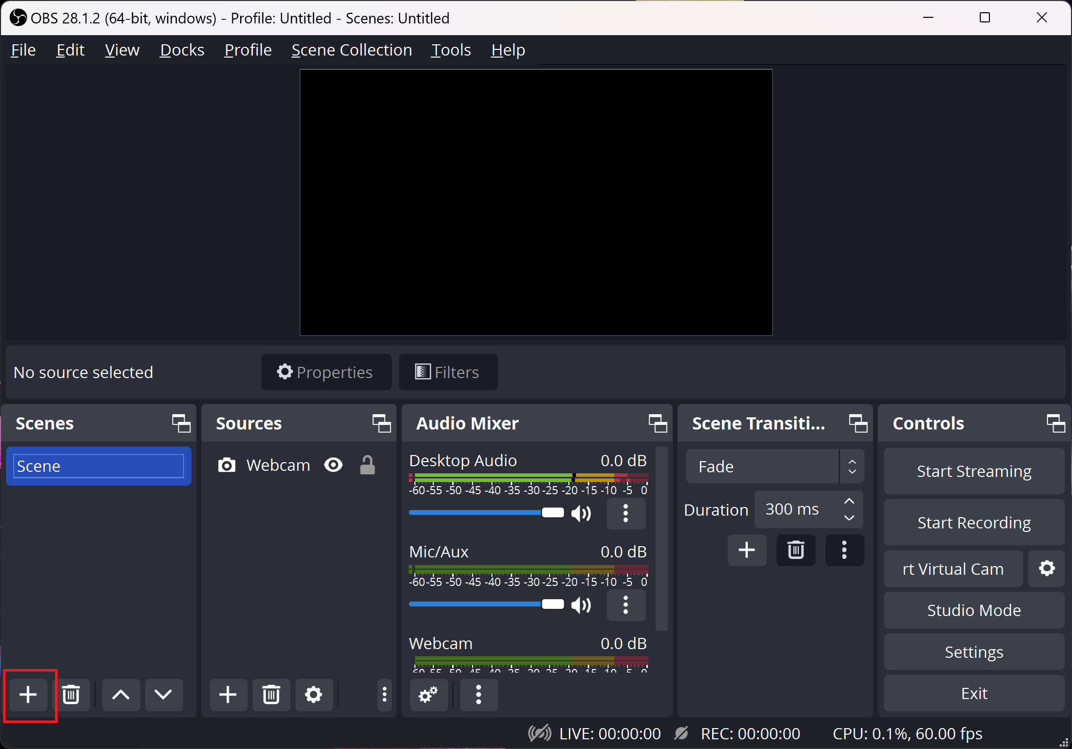 OBS Studio, showing the "+" button to create a new scene, in the Scenes UI container.