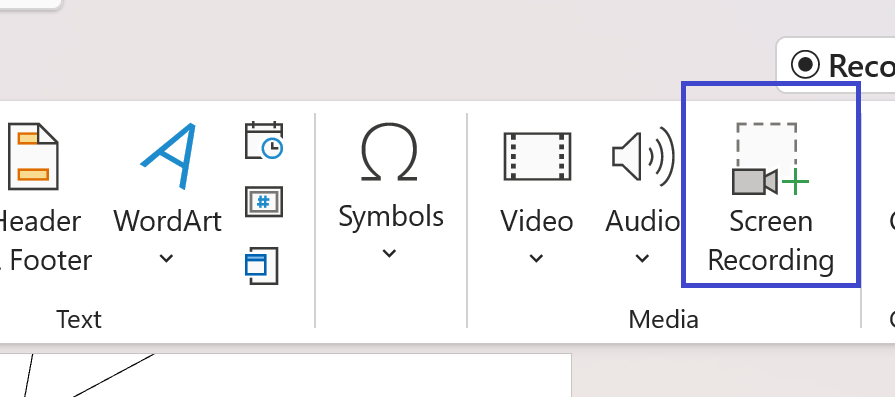 PowerPoint Ribbon > Insert tab > Screen Recording command button highlighted.
