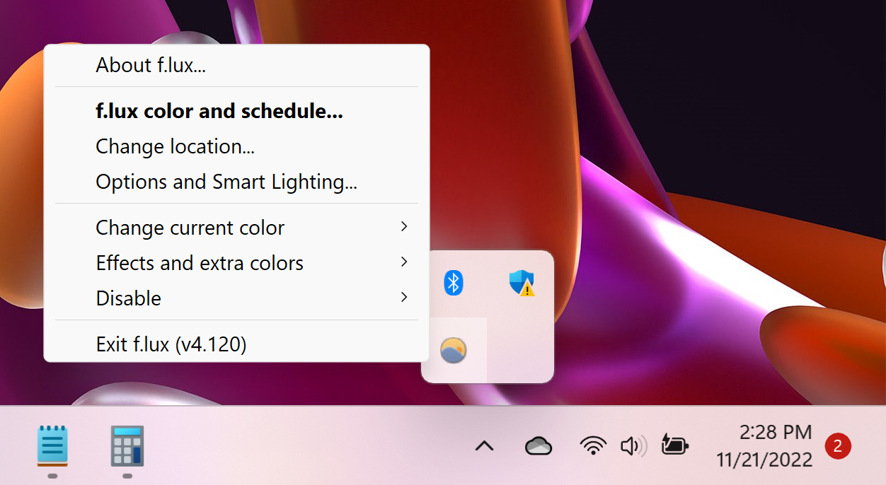 f.lux context menu, upon right-clicking the icon in the system tray.