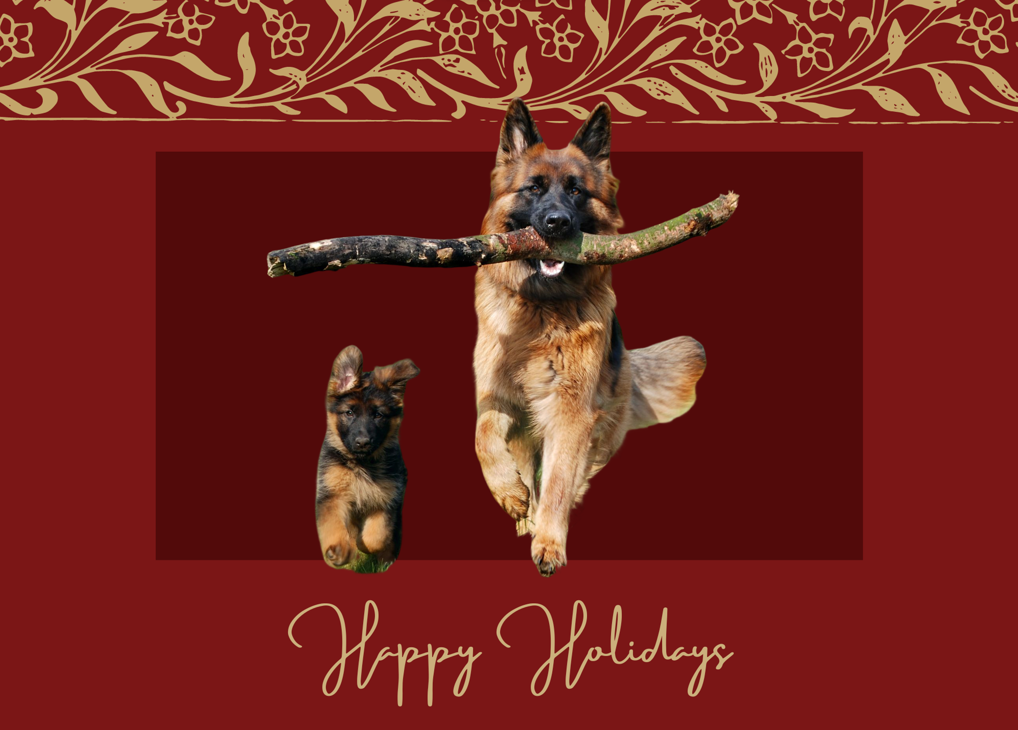 A holiday card with the writing "Happy Holidays" and the cut out dogs superimposed on top.