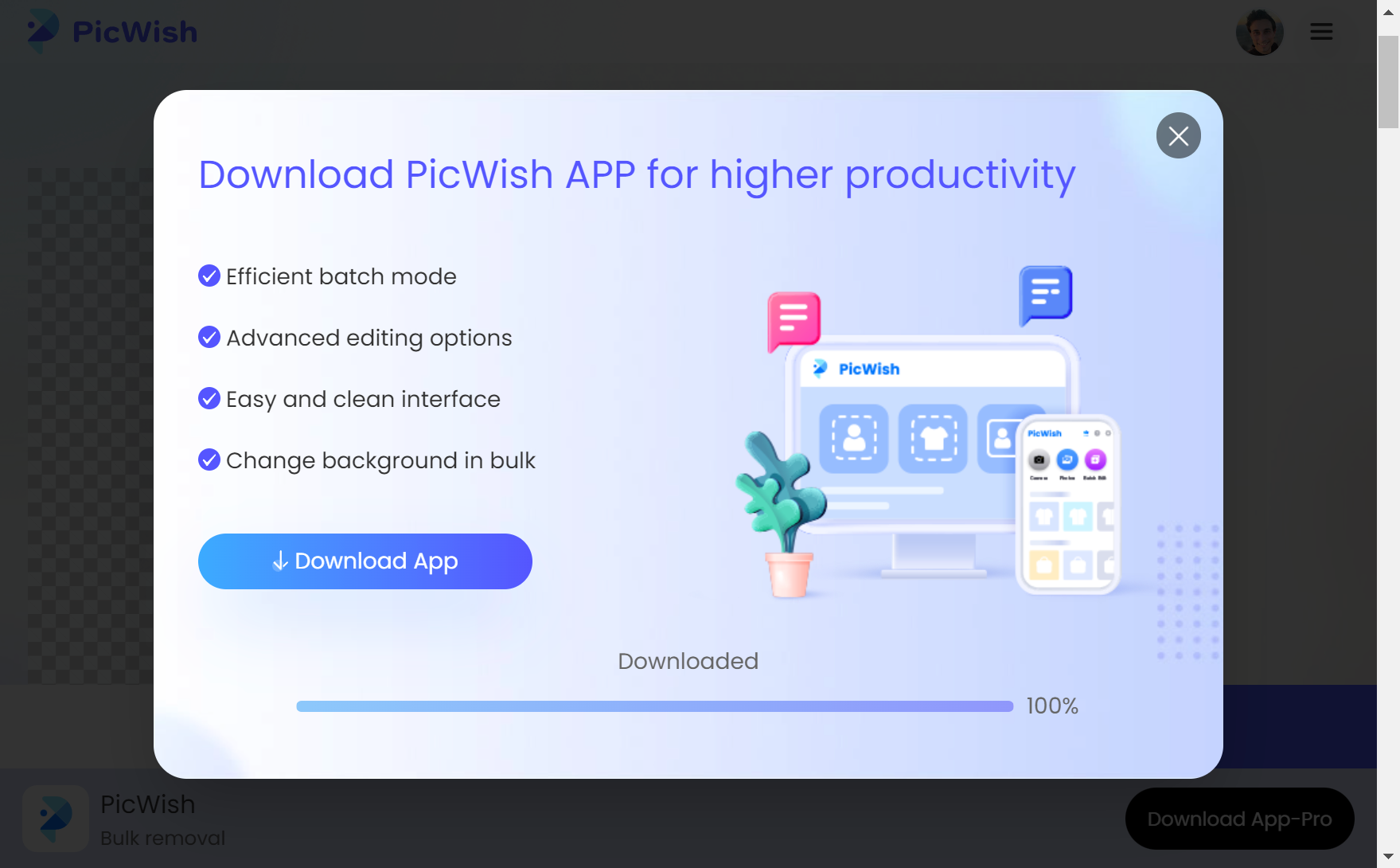 PicWish - download screen with loading bar, after clicking Download button.