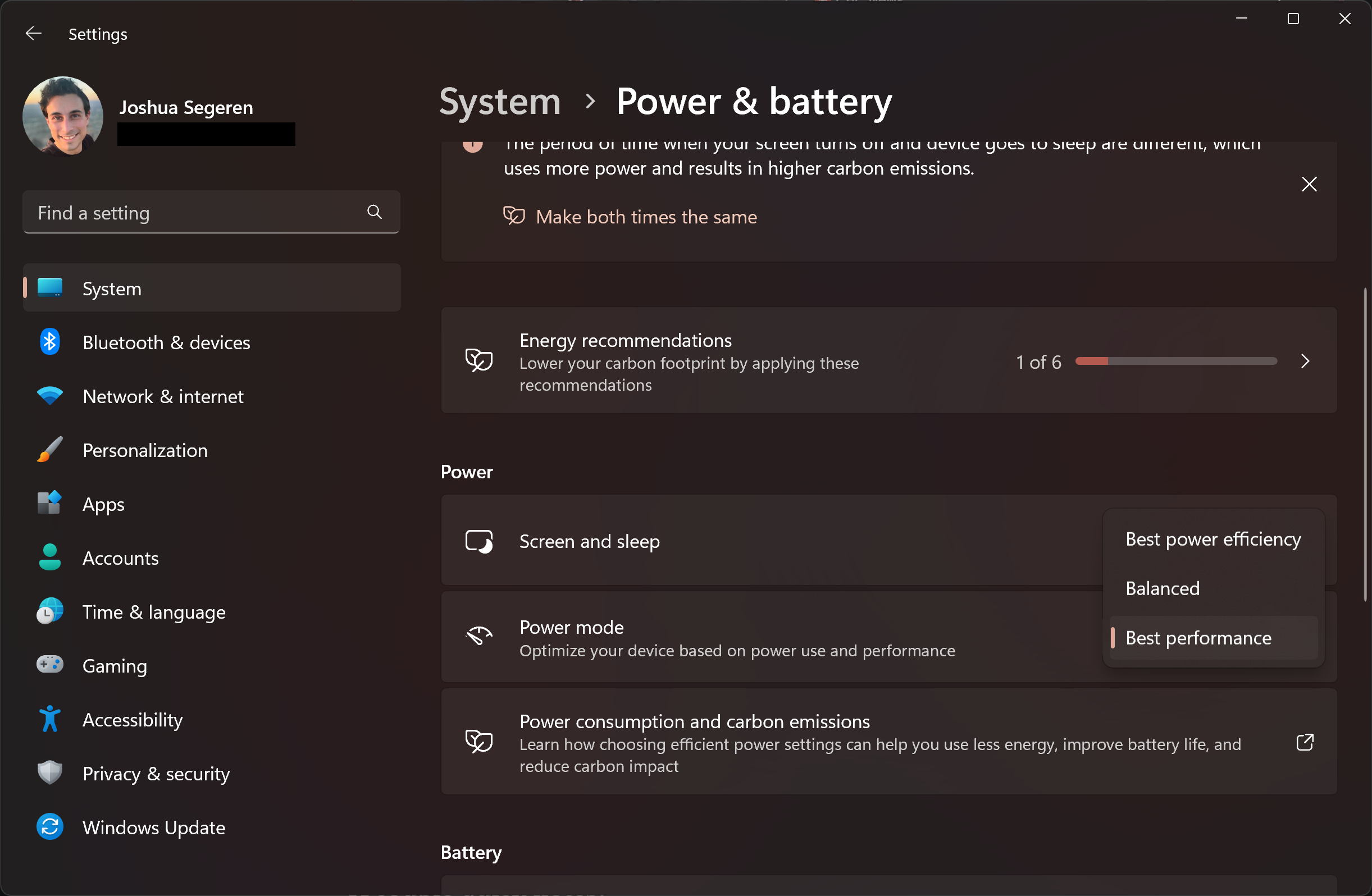 Settings > System > Power & battery in Windows 11, with Best Performance mode selected.